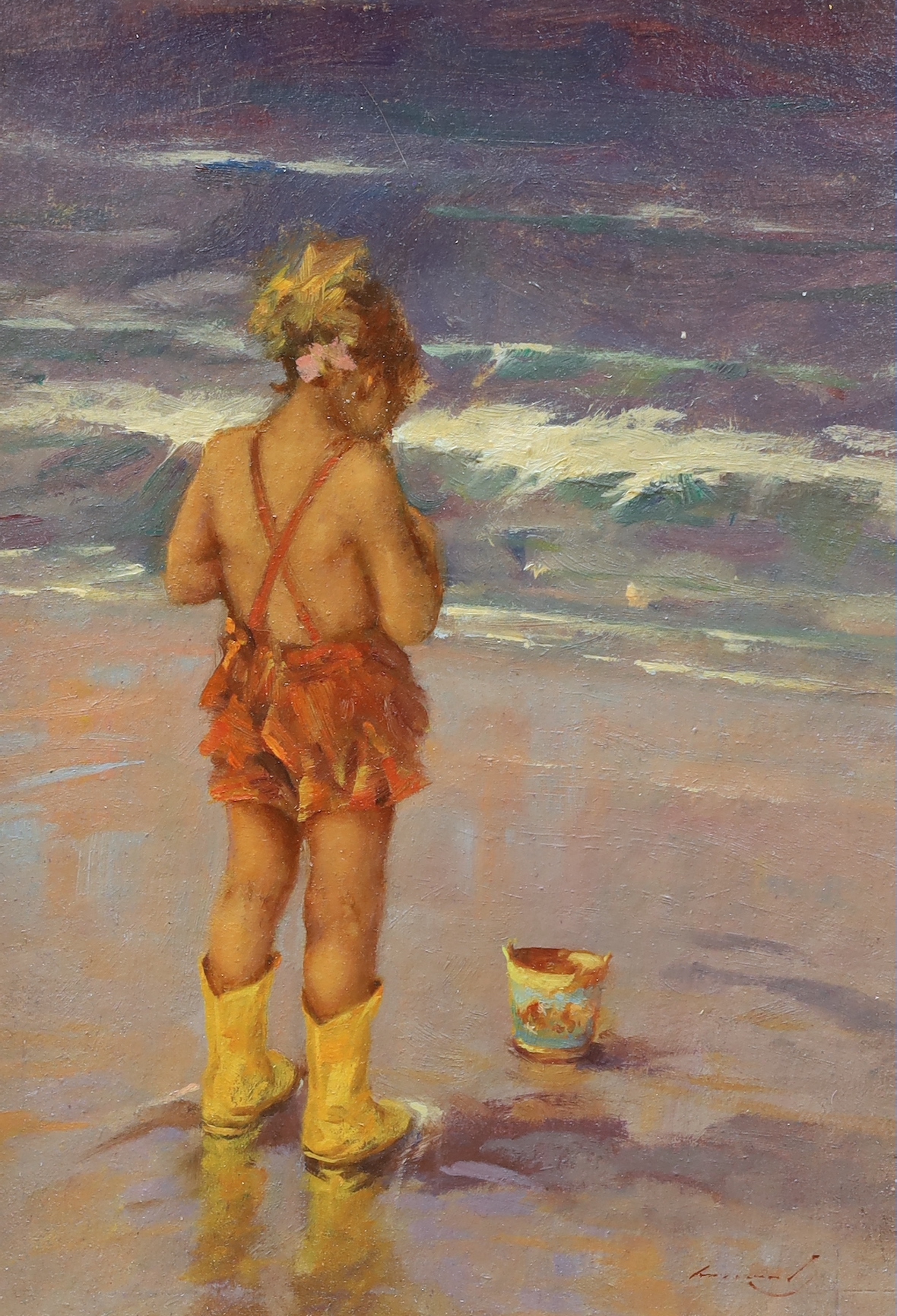 Ken Moroney (1949-2018), oil on wooden panel, Child on the seashore, signed, 24.5 x 17cm